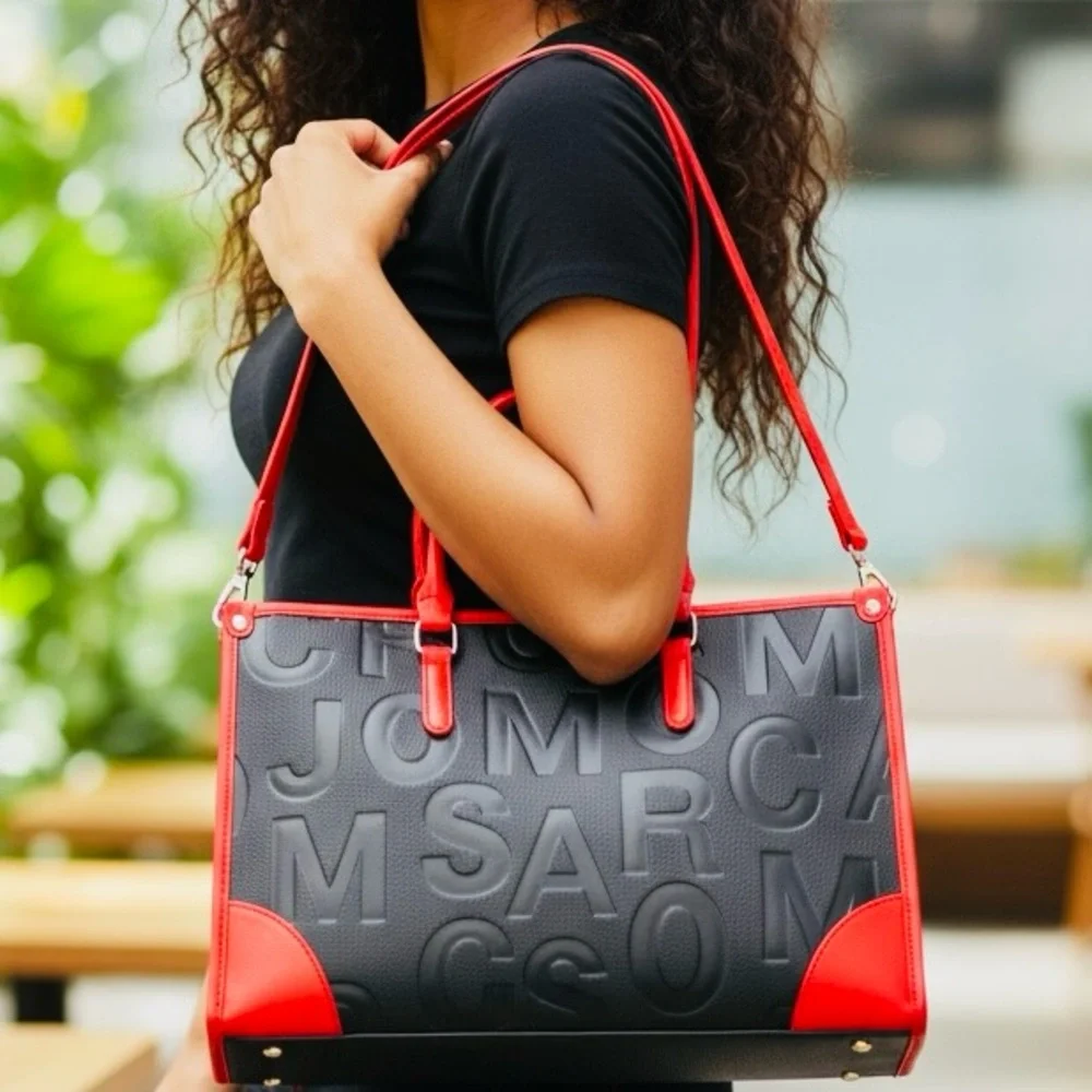PURSE: Black/Red Geometric Embossed Lettering & Painted Edging Tote, NWOT